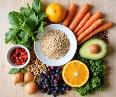 Colorful array of nutrient-rich foods including vegetables, fruits, nuts, and whole grains